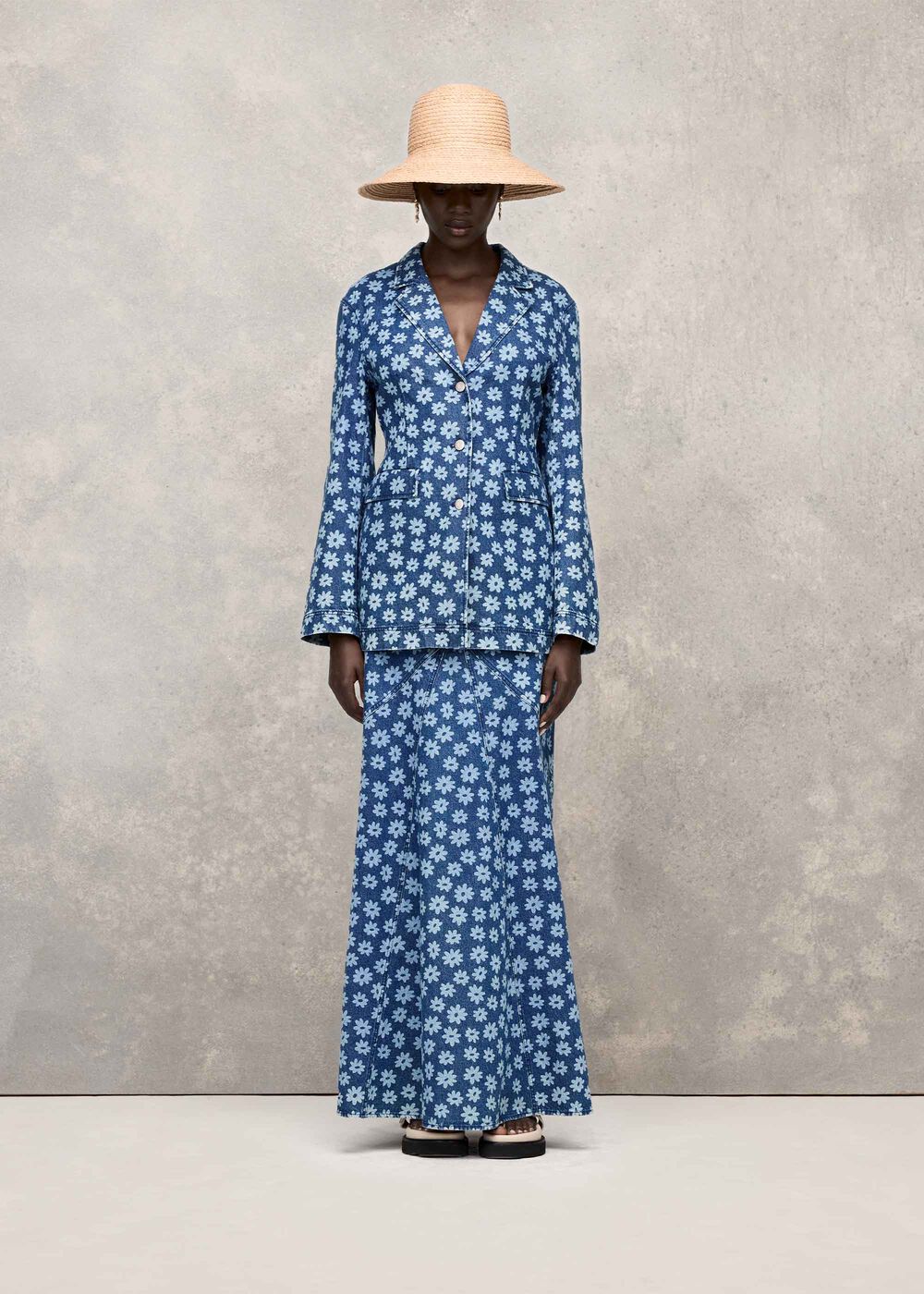 Graphic Daisy Denim Maxi Skirt